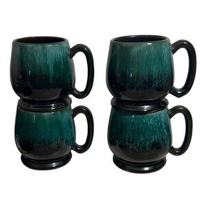 Evangeline Pottery Coffee Mugs Set Of 4 Green Black Drip Glaze Canada MCM Vtg